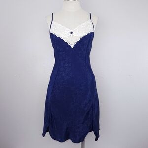 VAL MODE Vintage Satin & Lace Slip Dress LARGE Blue